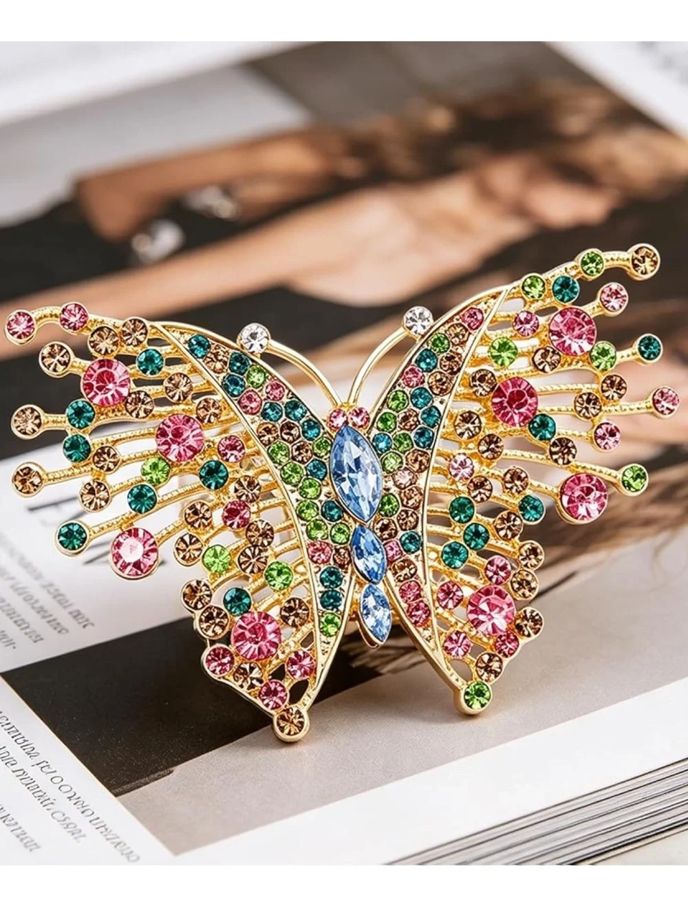 Anthropologie Gold-Tone Multicolor Crystal Butterfly Brooch